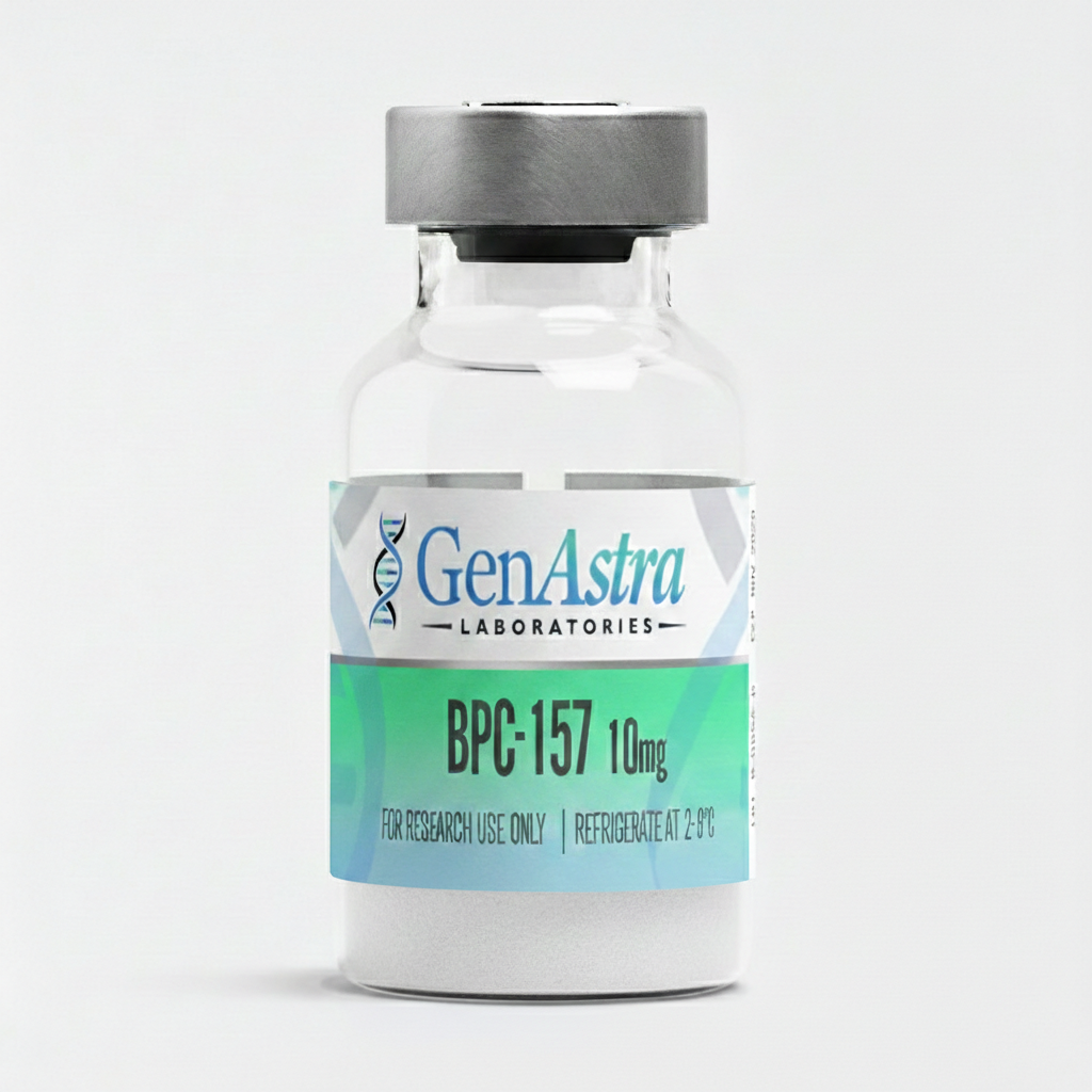 Okanagan Peptides BPC-157 10 mg lyophilized powder vial, transparent glass with blue cap, research use only
