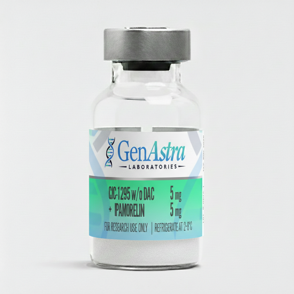 Okanagan Peptides CJC-1295 No DAC + Ipamorelin 5 mg vial with blue cap, lyophilized powder, research use only