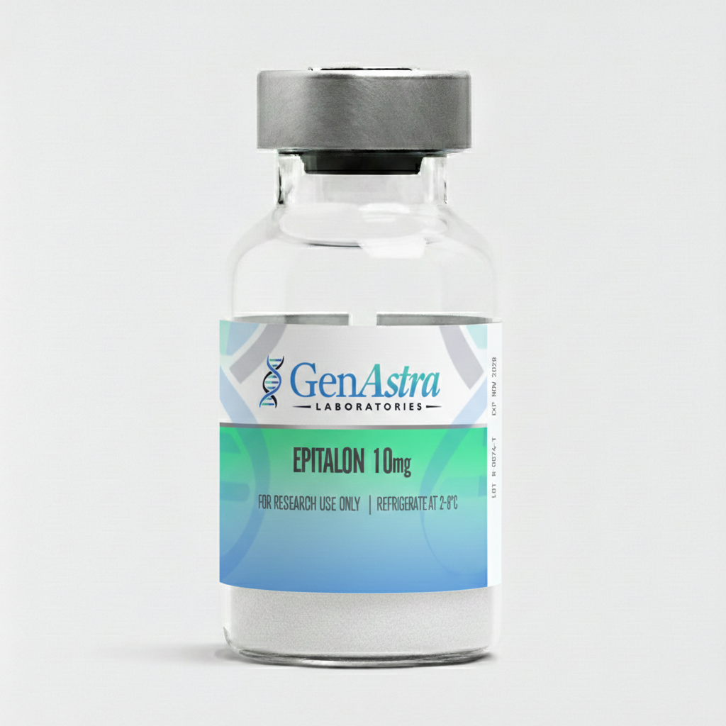 Okanagan Peptides Epitalon 10mg lyophilized powder vial with >99% purity.