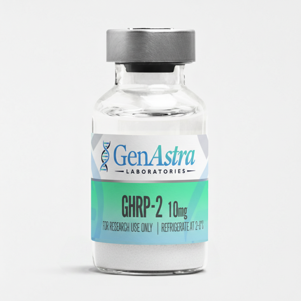 Okanagan Peptides GHRP-2 10 mg vial, clear glass with blue cap, lyophilized powder for research use only