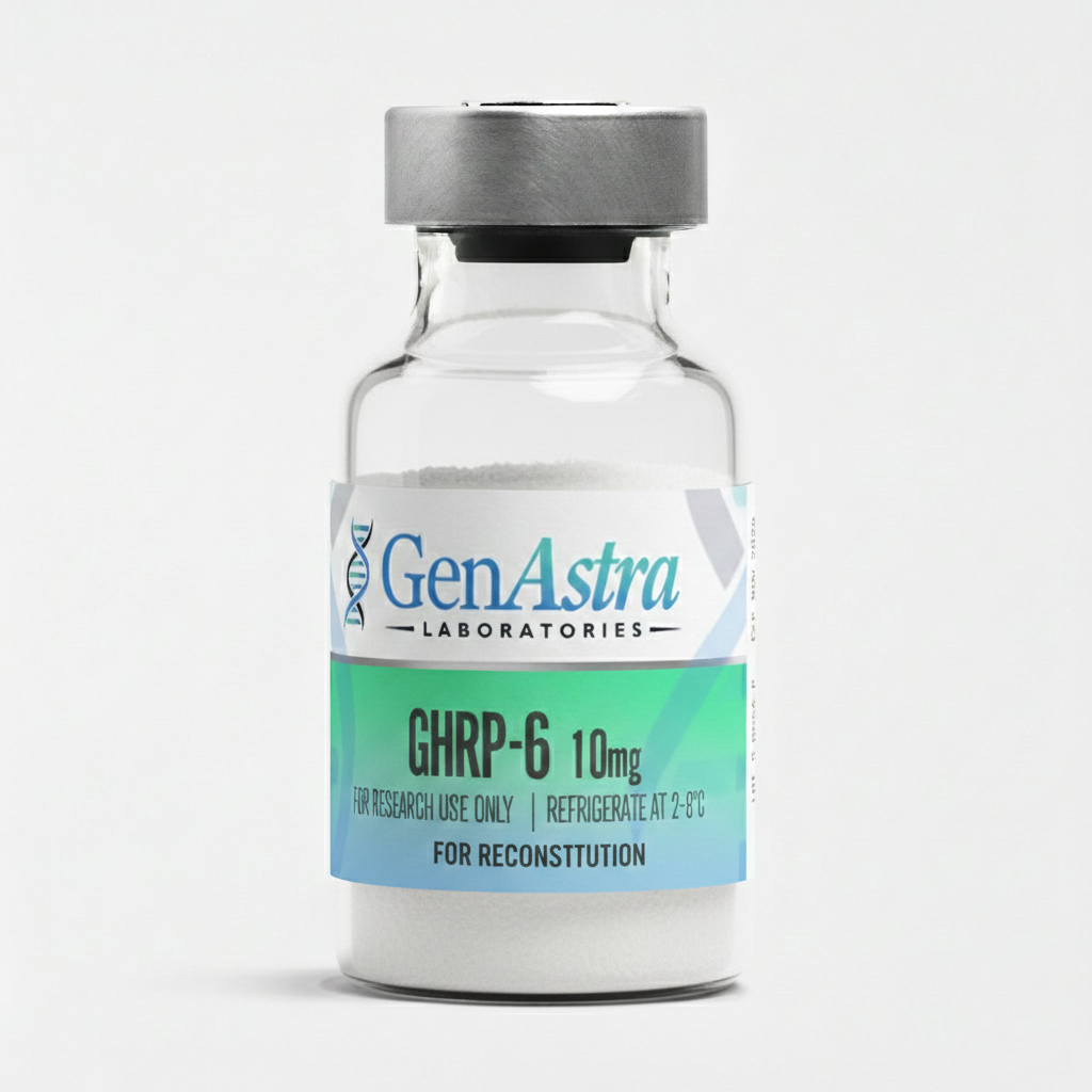 Okanagan Peptides GHRP-6 10MG lyophilized powder bottle.
