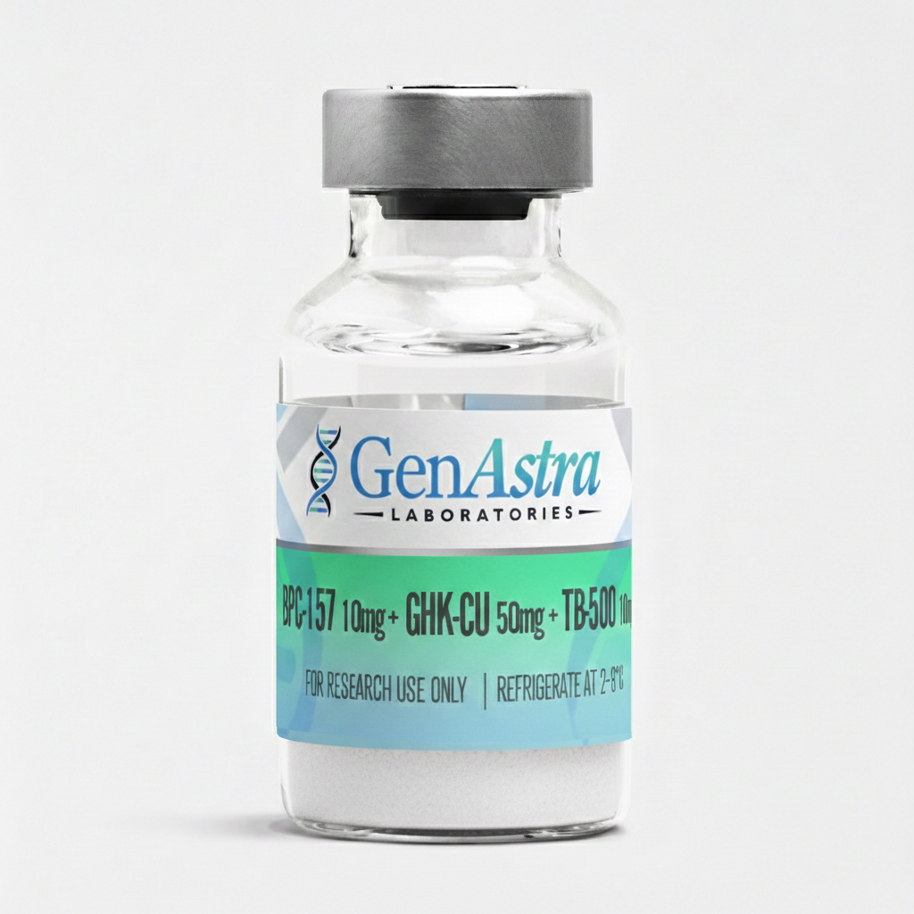 A clear glass vial containing a lyophilized powder labeled 'GLOW 70MG' with a purity of ≥99%. The vial has a silver cap and a blue top, featuring branding for 'OKANAGAN PEPTIDES'.