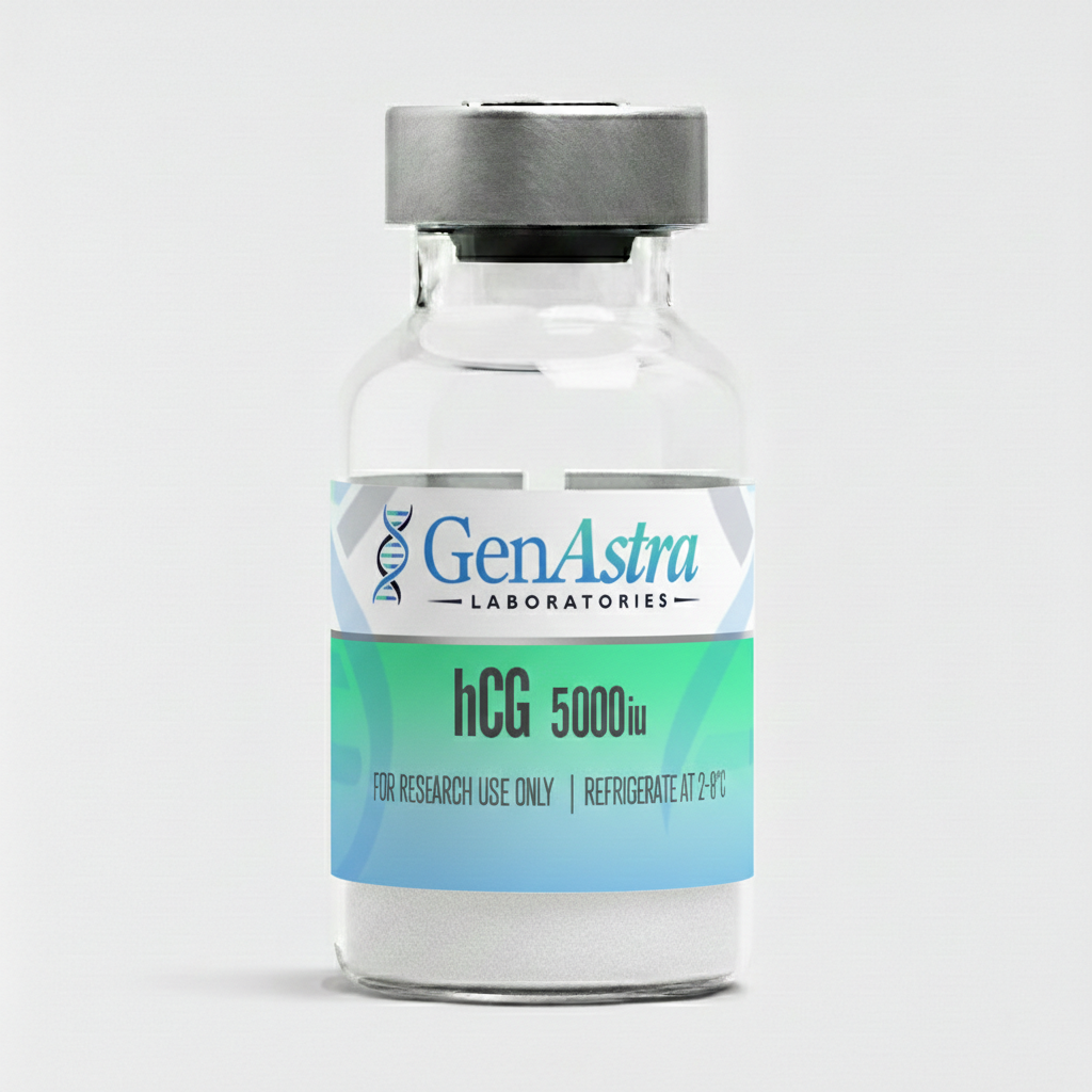 A glass vial labeled 'HCG 5000IU' with a blue cap, indicating a purity of at least 99%. The vial contains lyophilized powder and has a warning that it is for research use only, not for human or veterinary use.