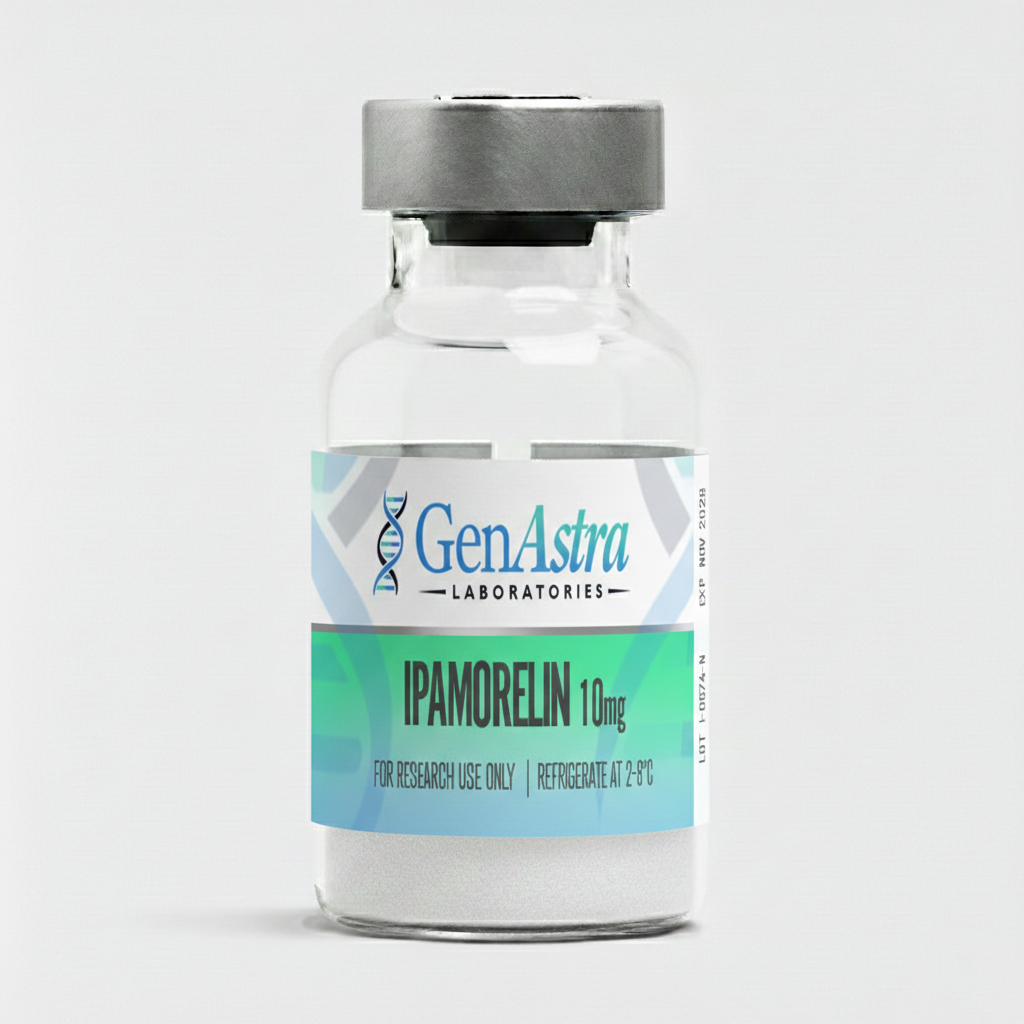 Okanagan Peptides Ipamorelin 10 mg lyophilized powder vial with a blue cap, research use only