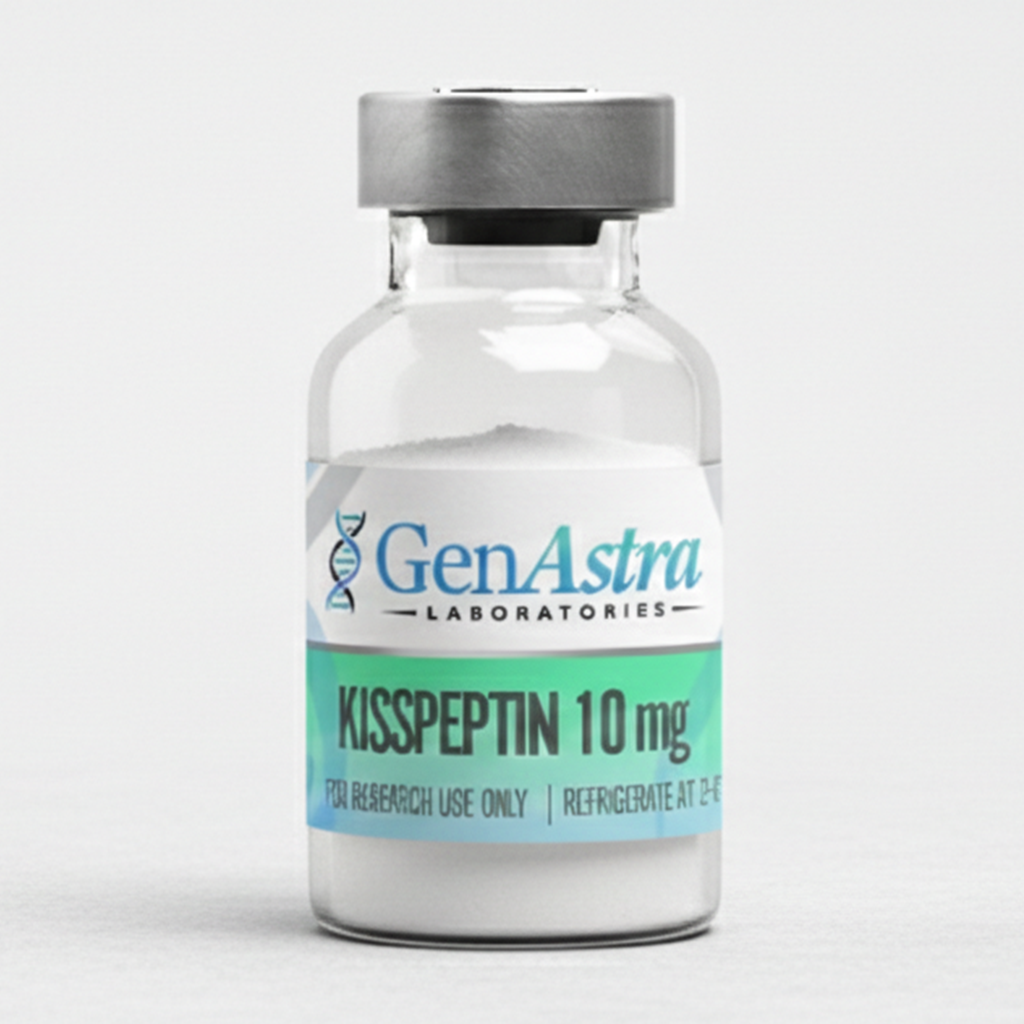 Okanagan Peptides Kisspeptin 10 mg vial, clear glass with blue cap, lyophilized powder, research use only