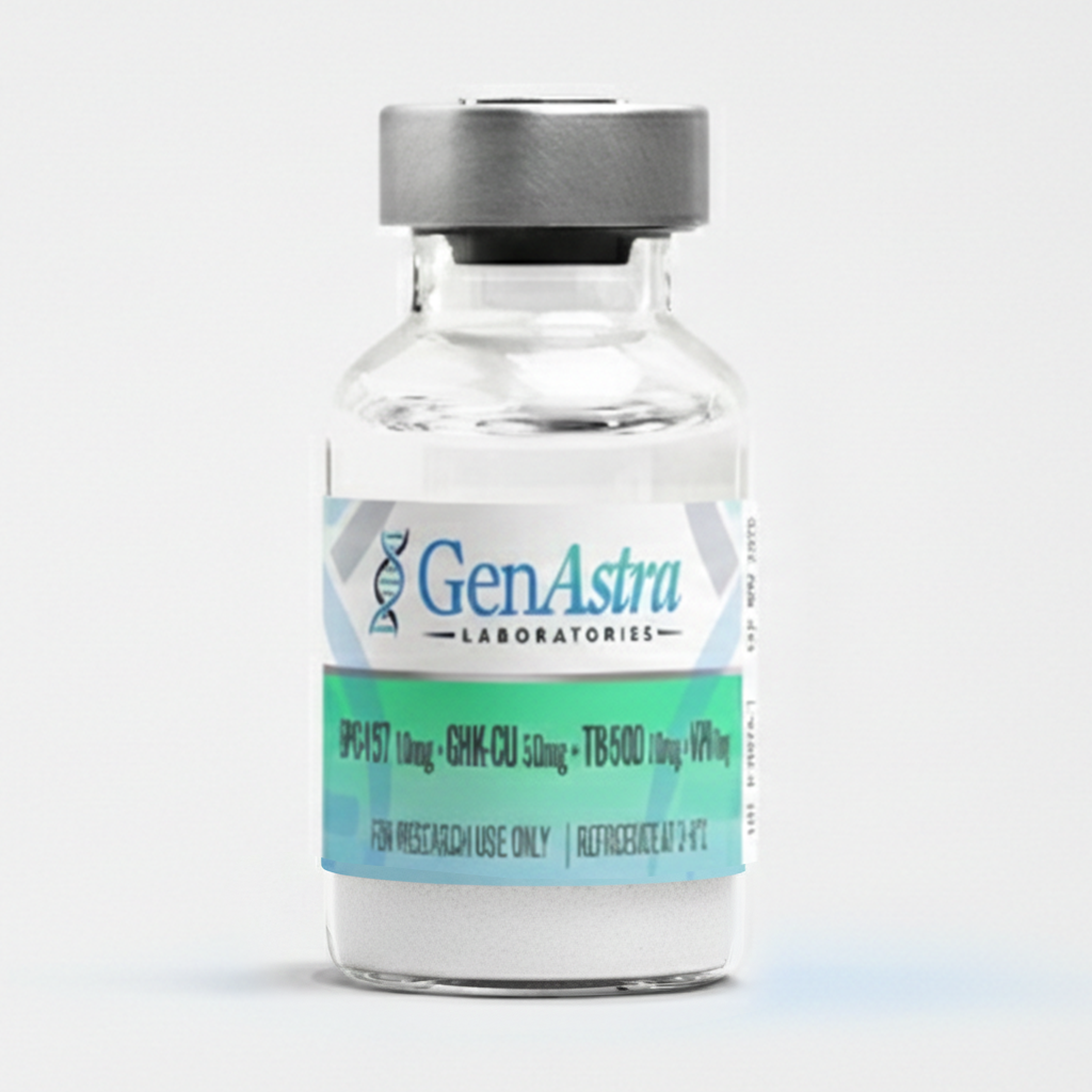 A clear vial labeled 'KLOW 80MG' containing lyophilized powder, with indications of purity greater than 99%, produced by Okanagan Peptides; marked for research use only.