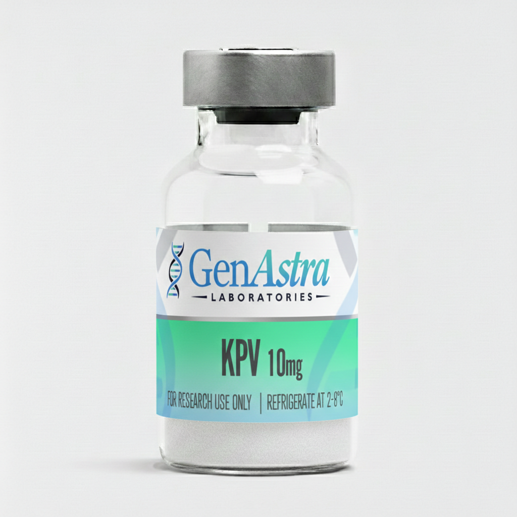 Okanagan Peptides KPV 10 mg lyophilized powder vial with blue cap, purity ≥ 99%, research use only