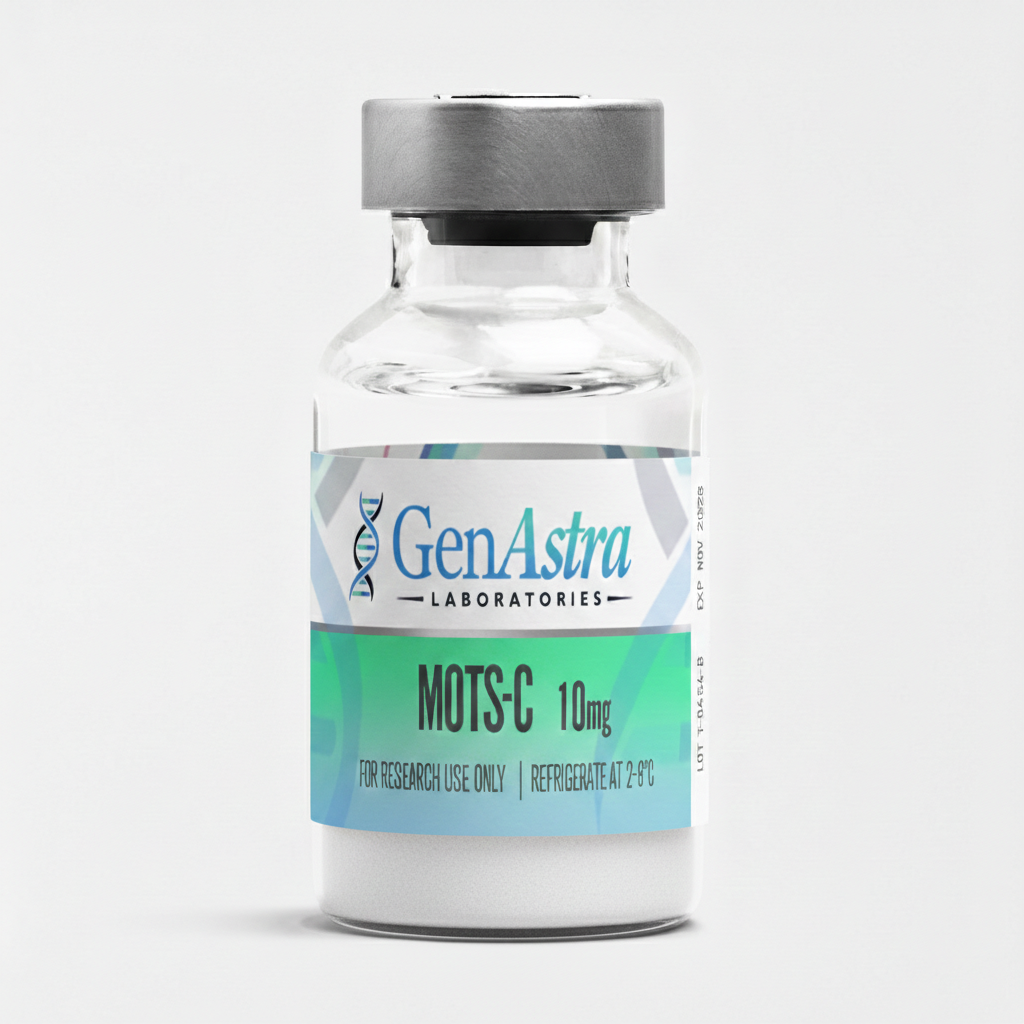 Okanagan Peptides bottle of MOTS-C 10MG lyophilized powder for research use.