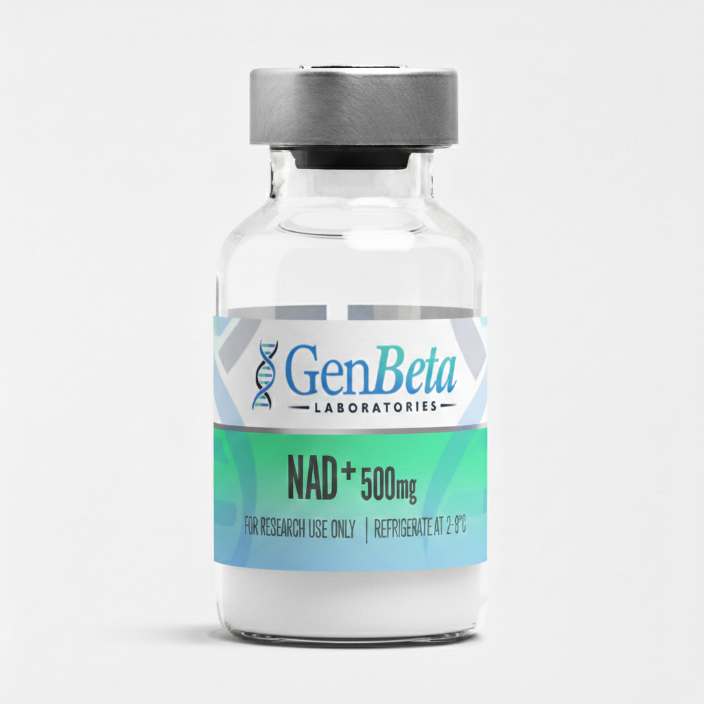Okanagan Peptides NAD+ 1000 mg lyophilized powder vial with blue cap, purity ≥99%, research use only