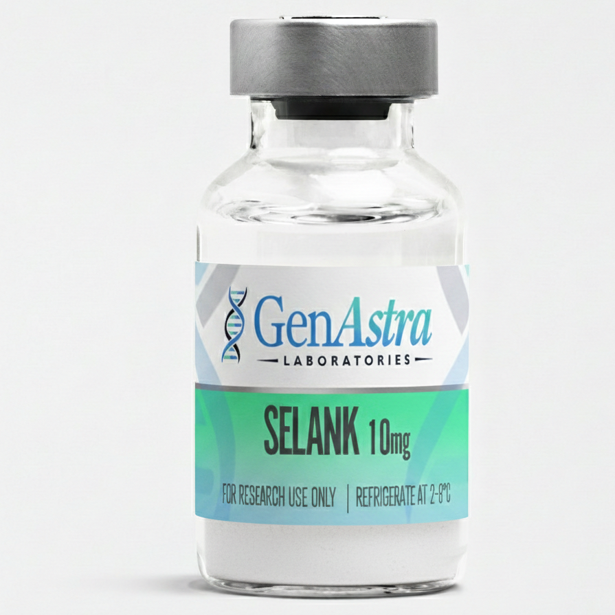 Okanagan Peptides Selank 10mg vial with blue cap and label showing high purity and lyophilized powder for research.