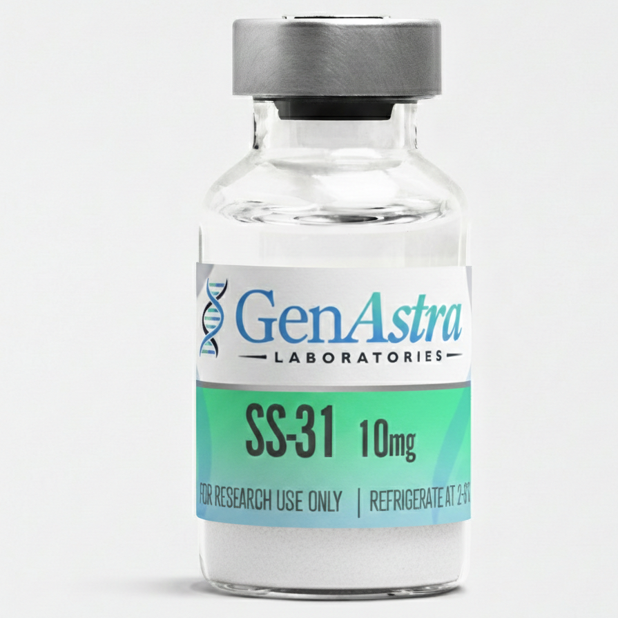 Okanagan Peptides SS-31 10 mg lyophilized powder vial, clear glass with blue cap, for research use only