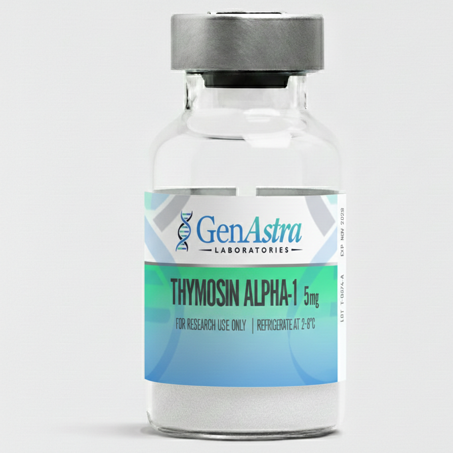 Okanagan Peptides Thymosin Alpha-1 10 mg vial, clear glass with blue cap, lyophilized powder for research use only