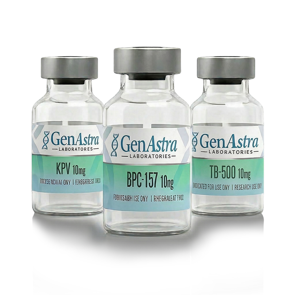 Three GenAstra and GenBeta laboratory vials displayed in the Okanagan Peptides hero banner.