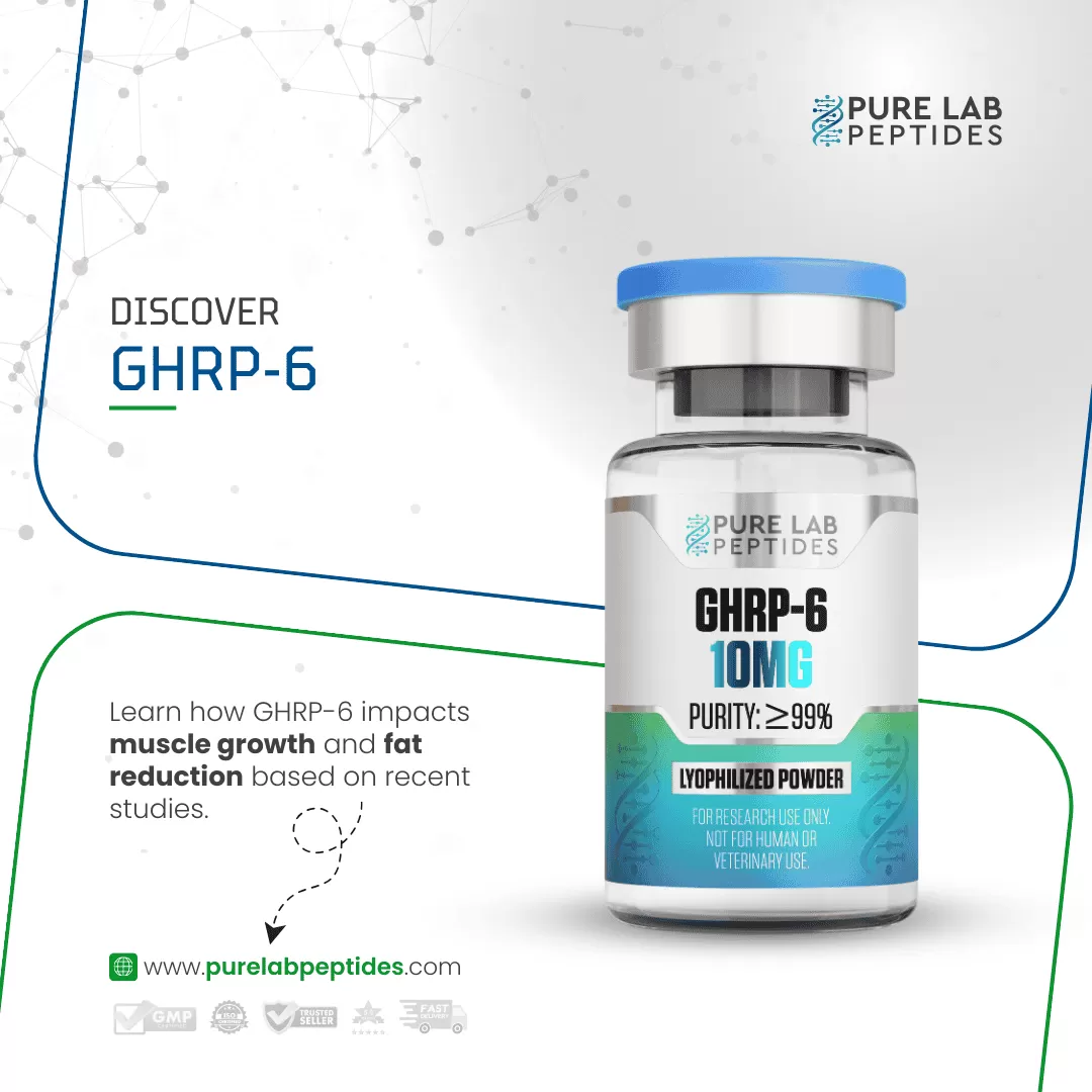 GHRP-6_3 GHRP-6 peptide supplement bottle by Okanogan Peptides for muscle growth and fat reduction.