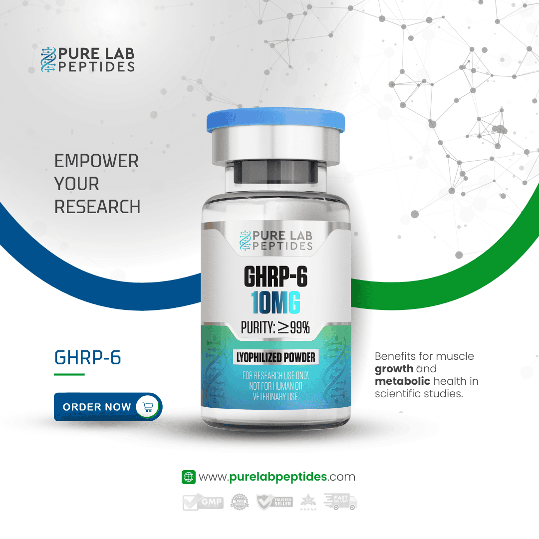 GHRP-6_7 Okanogan Peptides GHRP-6 10mg bottle for research, highlighting muscle growth benefits.