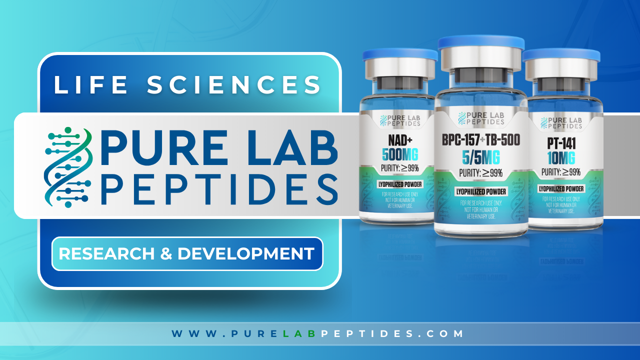 Three vials of peptides labeled NAD+ 500MG, BPC-157+TB-500 5/5MG, and PT-141 10MG, displayed against a blue background with the text 'OKANOGAN PEPTIDES' and 'LIFE SCIENCES RESEARCH & DEVELOPMENT'.