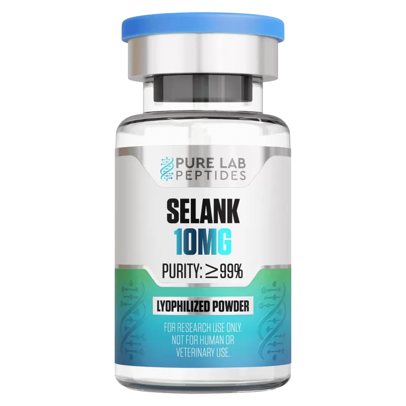 Selank__10mg_Product_Display Okanogan Peptides Selank 10mg vial with blue cap and label showing high purity and lyophilized powder for research.