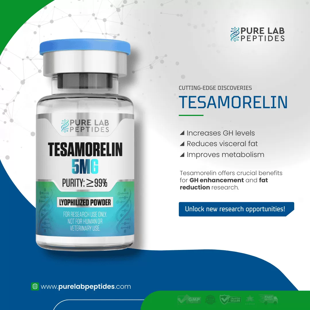Tesamorelin_9 Tesamorelin 5mg bottle from Okanogan Peptides with benefits listed.