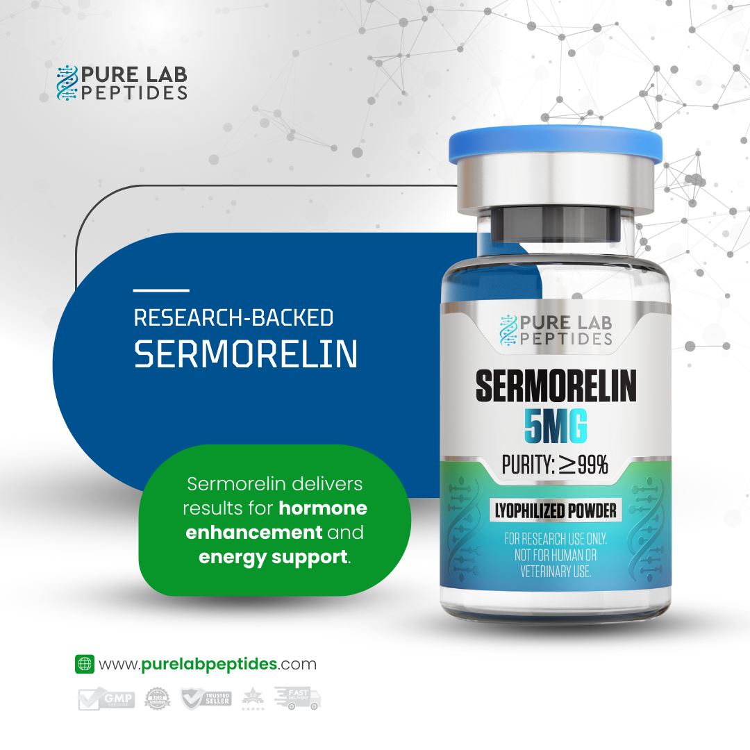 Sermorelin_6 Okanogan Peptides Sermorelin 5 mg lyophilized powder vial, blue cap with high purity for research use only