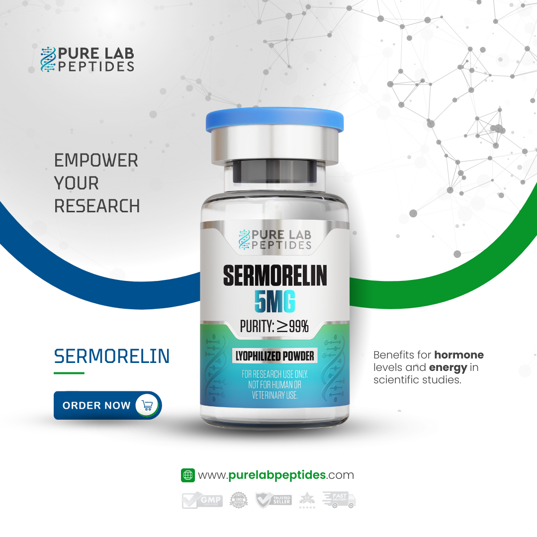 Sermorelin_7 Okanogan Peptides Sermorelin 5 mg vial, clear glass with blue cap, lyophilized powder for research use only