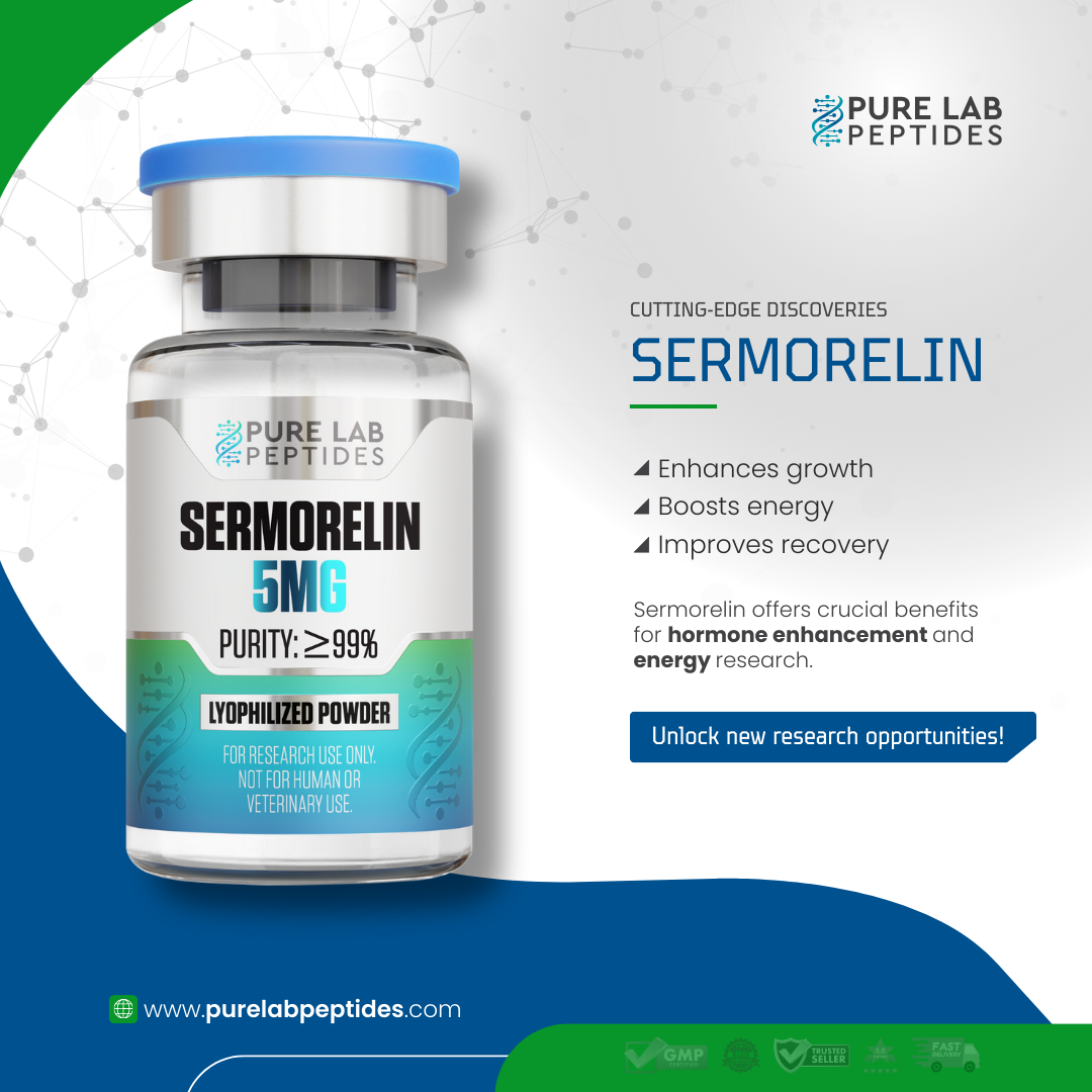 Sermorelin_9 Okanogan Peptides Sermorelin 5 mg vial with blue cap, lyophilized powder, research use only