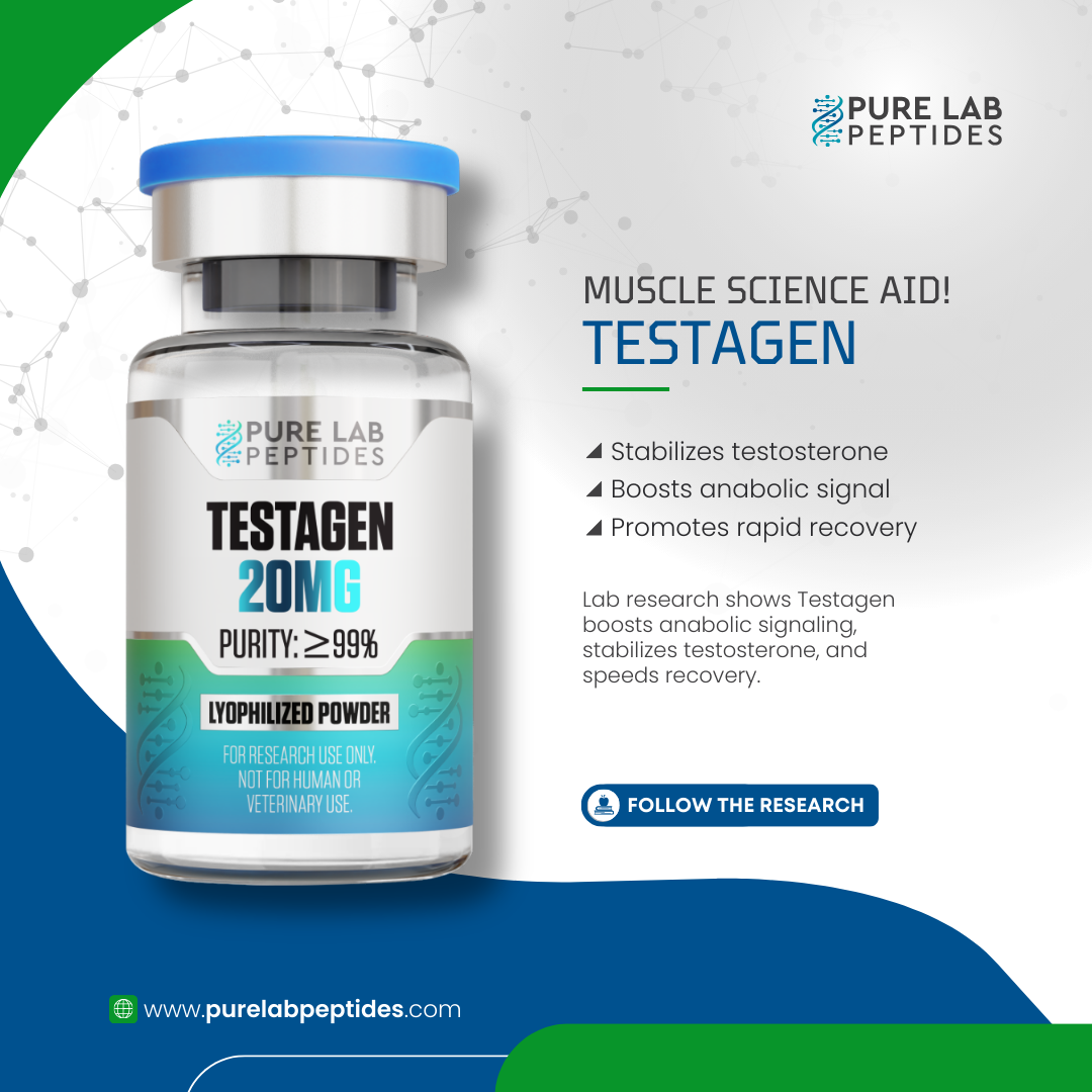 Okanogan Peptides Testagen 20 mg lyophilized powder vial with blue cap, purity over 99%, research use only