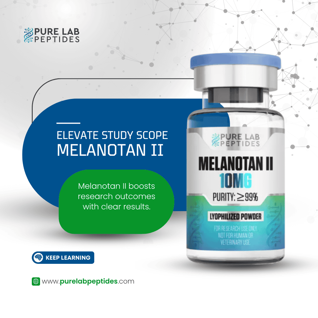 Melanotan_II_10mg_6 Okanogan Peptides Melanotan II 10 mg vial, clear glass with blue cap, lyophilized powder, research use only
