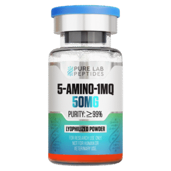 A clear glass vial labeled '5-AMINO-1MQ 50MG' containing lyophilized powder, with a blue cap and a colorful gradient design. The label indicates a purity of 99% and mentions that it's for research use only, not for human or veterinary use.