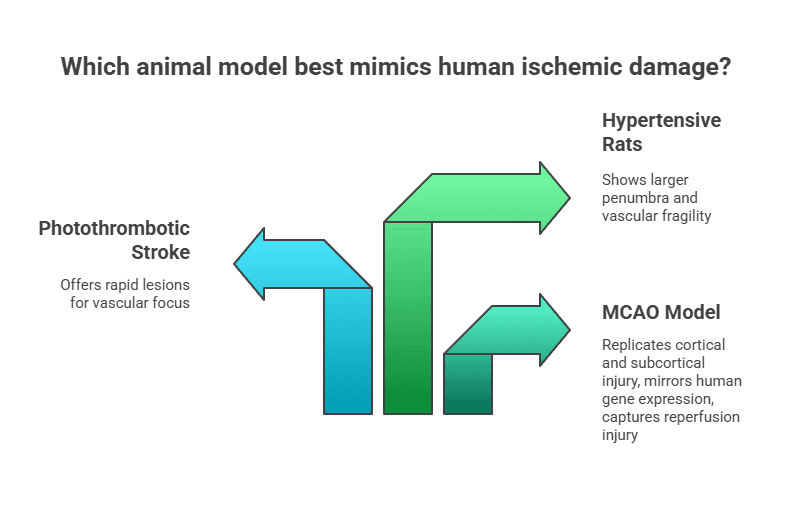 Comparison of stroke models: photothrombotic, hypertensive rats, and MCAO arrows highlighting human-like ischemic damage traits.