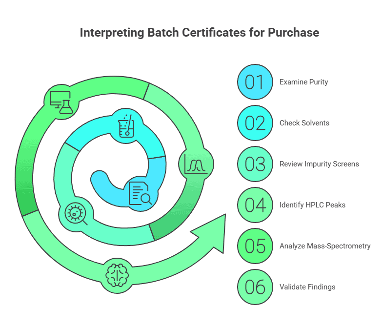 Spiral diagram with six steps to read batch certificates: purity, solvents, impurities, HPLC peaks, mass spec, validation.