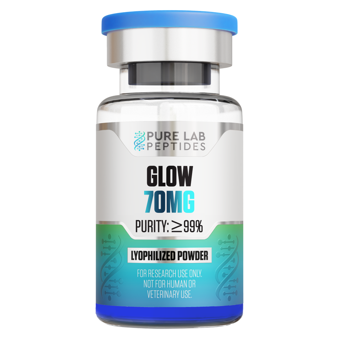 A clear glass vial containing a lyophilized powder labeled 'GLOW 70MG' with a purity of ≥99%. The vial has a silver cap and a blue top, featuring branding for 'OKANOGAN PEPTIDES'.