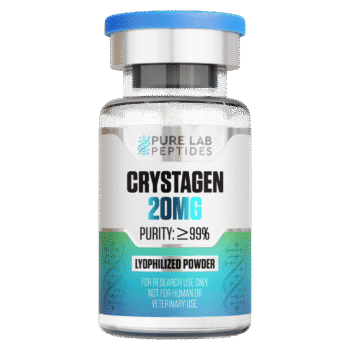 A clear vial containing a product labeled 'CRYSTAGEN 20MG' with a blue lid, indicating a purity of 99% and describing it as lyophilized powder for research use only, not for human or veterinary use.