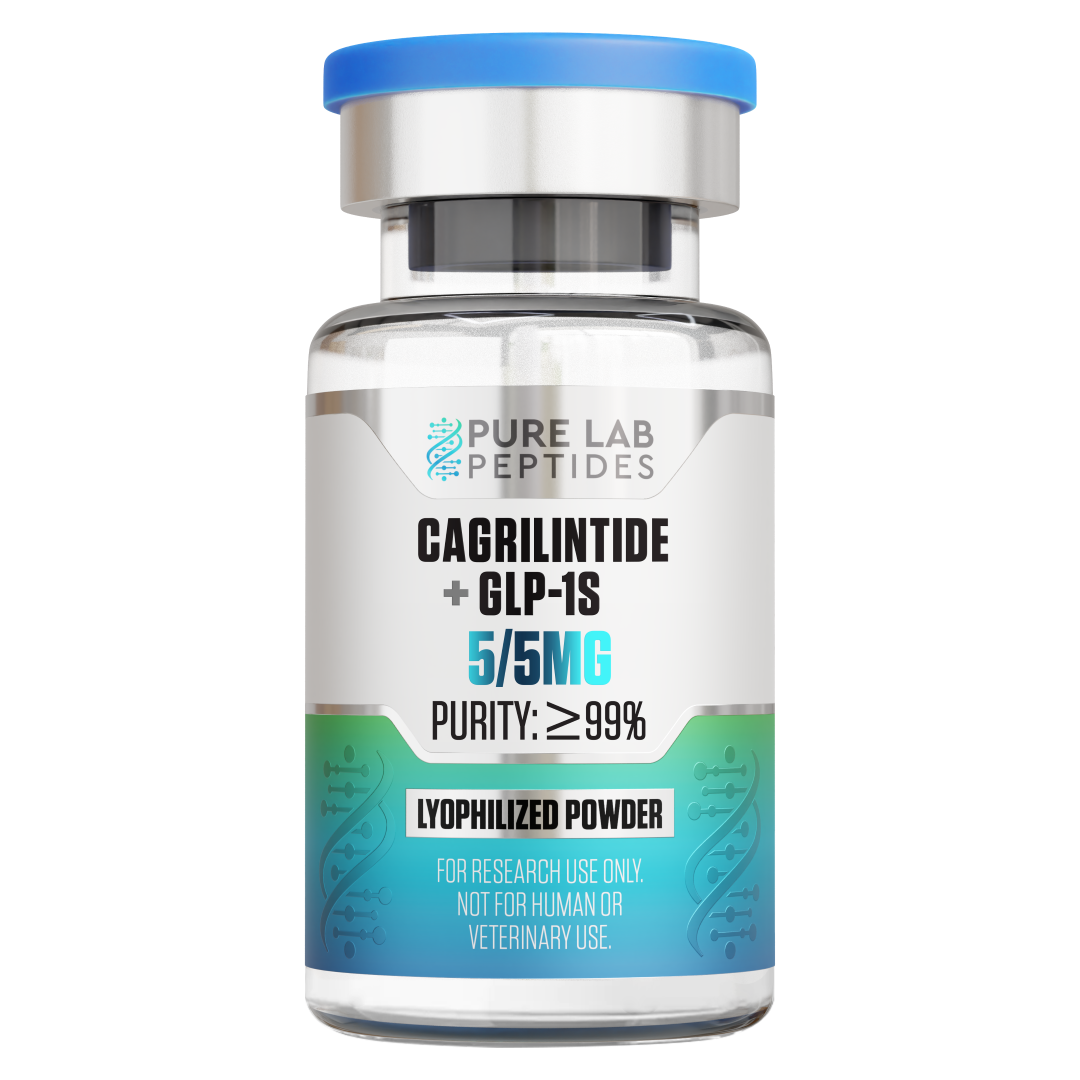 A vial labeled 'CagriLintide + GLP-1S' containing 5/5mg of lyophilized powder, with a purity of over 99%, from Okanogan Peptides, marked for research use only, not for human or veterinary use.