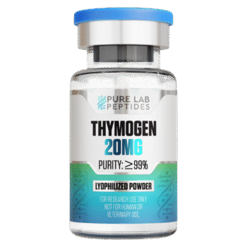 A vial labeled 'Thymogen 20MG' containing lyophilized powder with a purity of 99% or greater. The vial has a blue cap and a design featuring DNA strands, with the warning 'For research use only. Not for human or veterinary use.'