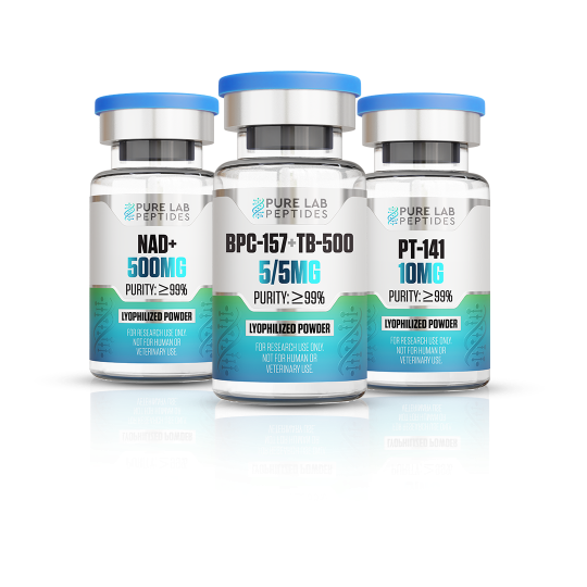 Three vials of peptides labeled as NAD+ (500mg), BPC-157/TB-500 (5/5mg), and PT-141 (10mg), each with a blue lid and a clear liquid inside, set against a reflective surface.